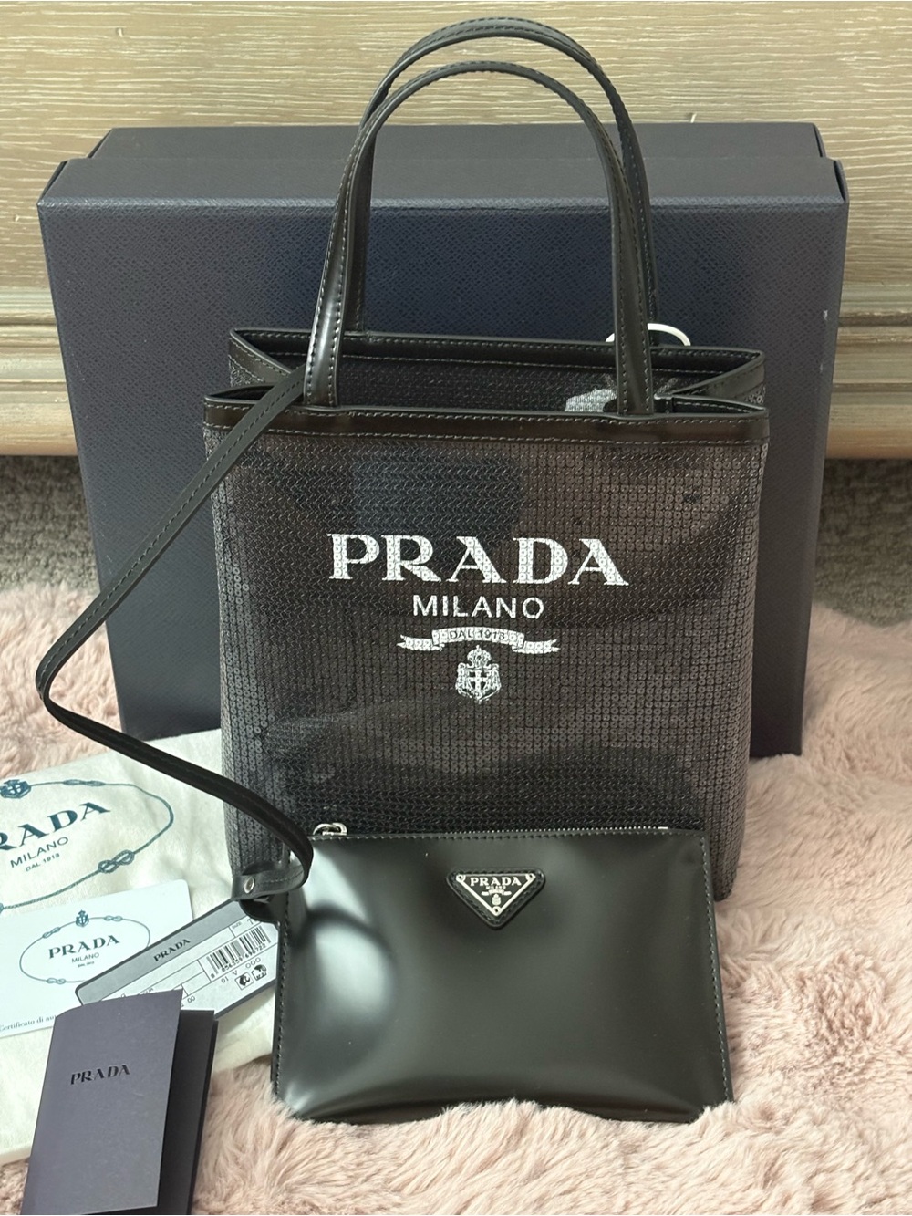 Prada Sequin Rete Paillettes Small Tote Bag Black - Picture 2 of 11